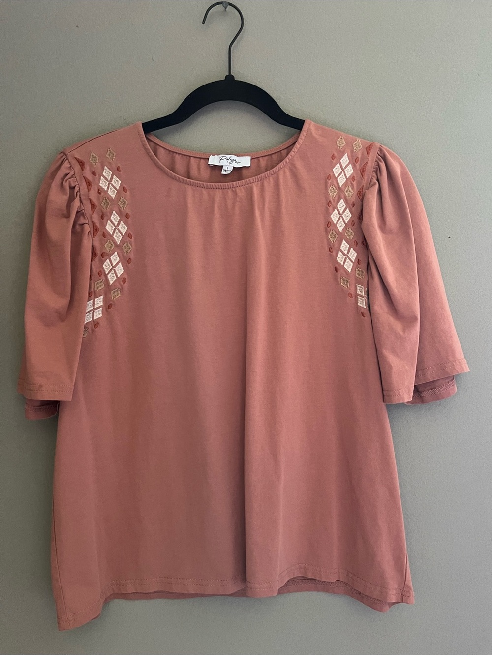 Polagram Cotton Blend Large Boho Embroidered Puff Short Sleeve Tee T-Shirt